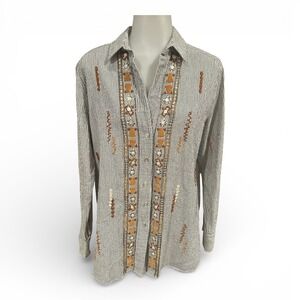 Zara Premium Denim‎ Artisanal Embroidered Seersucker Beaded Sequin Boho Shirt M